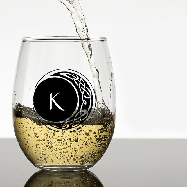 Celtic Knotwork Moon Circle Monogram Black White Stemless Wine Glass (Creator Uploaded)