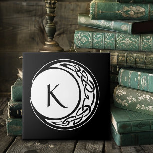 Celtic Knotwork Moon Circle Monogram Black White Tile