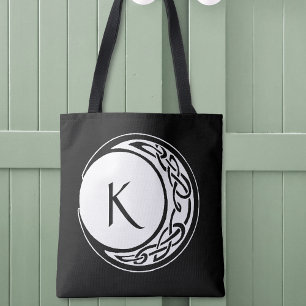 Celtic Knotwork Moon Circle Monogram Black White Tote Bag