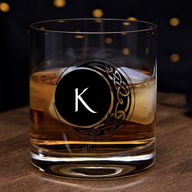 Celtic Knotwork Moon Circle Monogram Black White Whiskey Glass (Creator Uploaded)