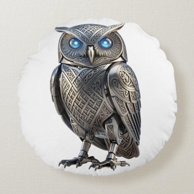 Celtic Mechanical Owl Silver Steampunk Round Cushion (Front)