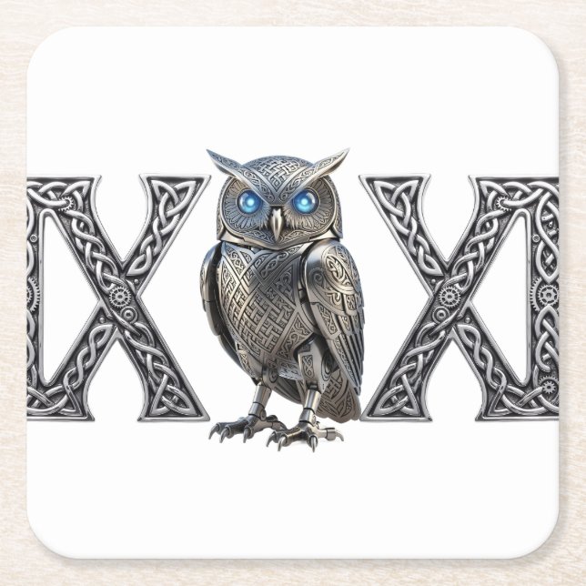 Celtic Mechanical Owl Silver Steampunk Square Paper Coaster (Front)