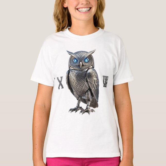 Celtic Mechanical Owl Silver Steampunk T-Shirt (Front)