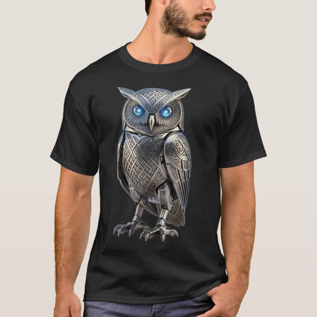 Celtic Mechanical Owl Silver Steampunk T-Shirt (Front)