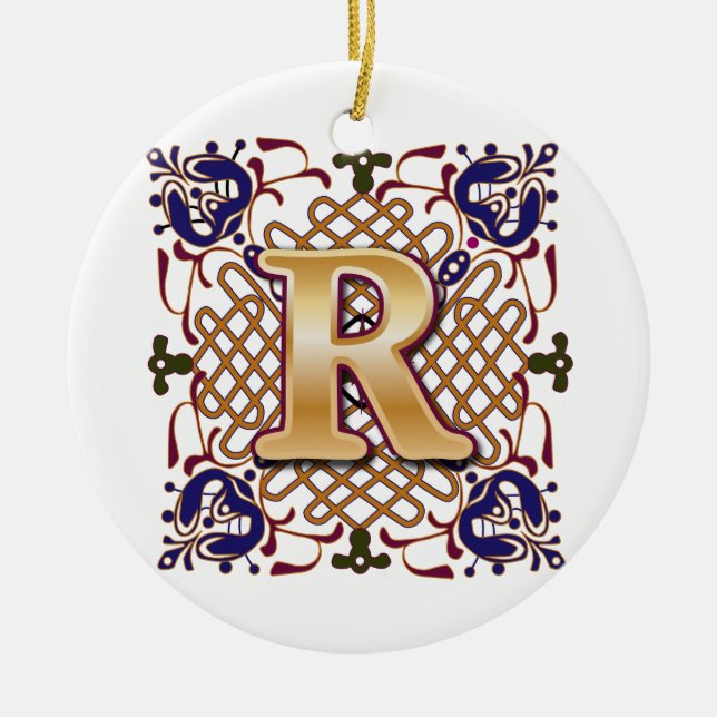 Celtic Monogram Letter R Ceramic Tree Decoration (Front)