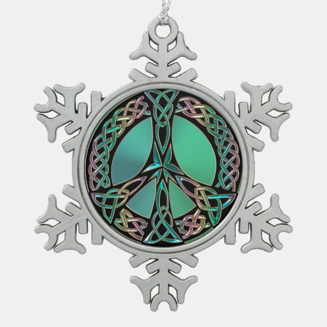 Celtic Peace - Celtic Knot Peace Sign Snowflake Pewter Christmas Ornament (Front)