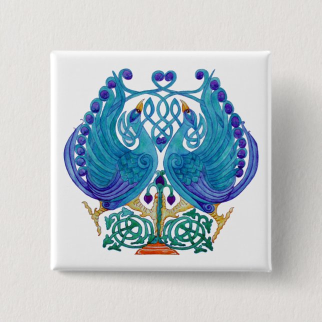 Celtic Peacocks Square Button Badge (Front)