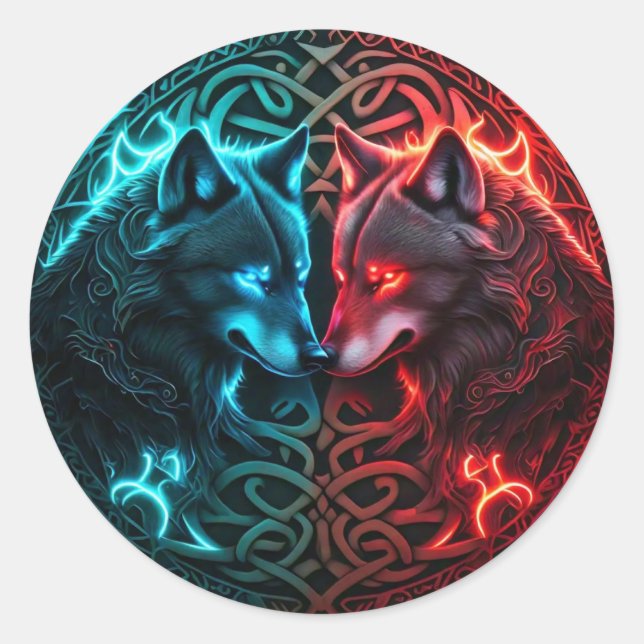 Celtic Red and Blue Wolf Round Sticker (Front)