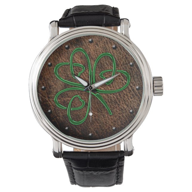Celtic shamrock lucky charm on leather digital art watch (Front)