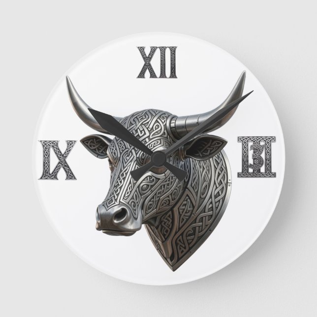 Celtic Silver Bull Head Viking Celtic Round Clock (Front)