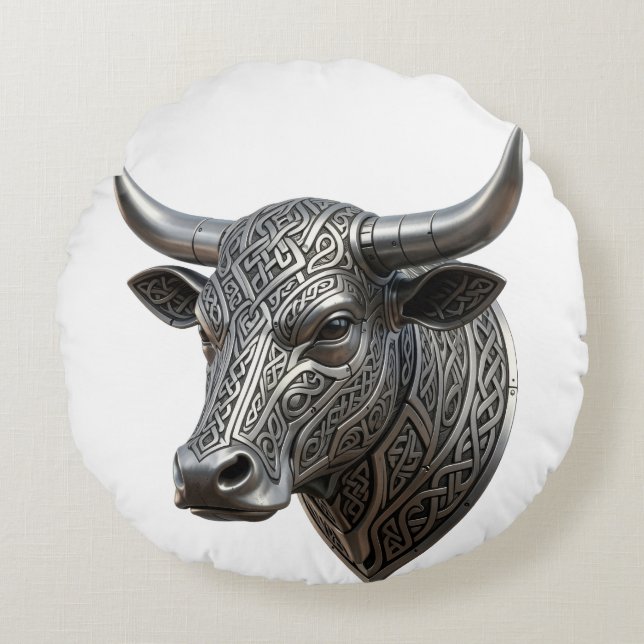 Celtic Silver Bull Head Viking Celtic Round Cushion (Front)
