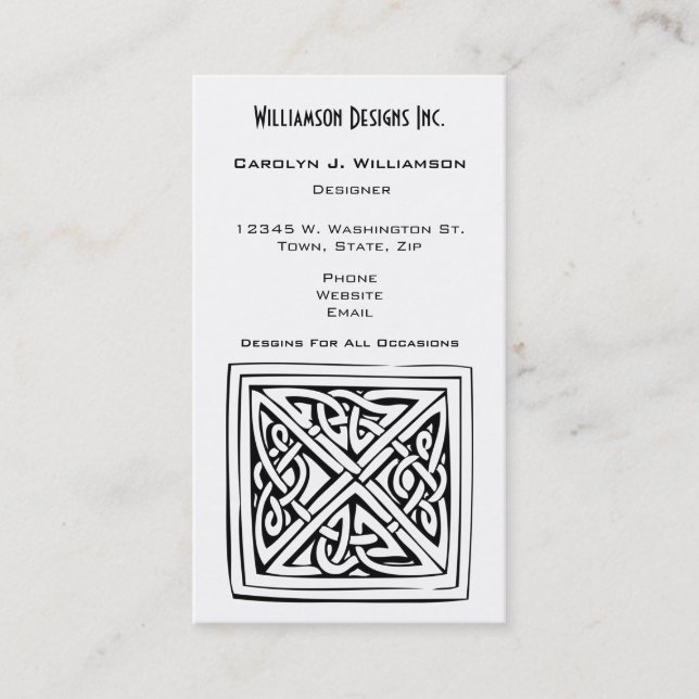 Celtic Square Knot Block Design Black White Custom Business Card (Front)