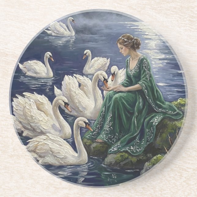 Celtic Swans Moonlit Lake Night Fantasy Art Coaster (Front)