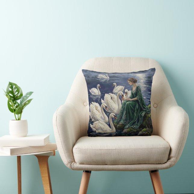 Celtic Swans Moonlit Lake Night Fantasy Art Cushion (Chair)