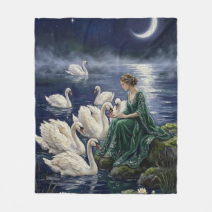 Celtic Swans Moonlit Lake Night Fantasy Art Fleece Blanket