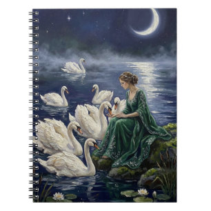 Celtic Swans Moonlit Lake Night Fantasy Art Notebook