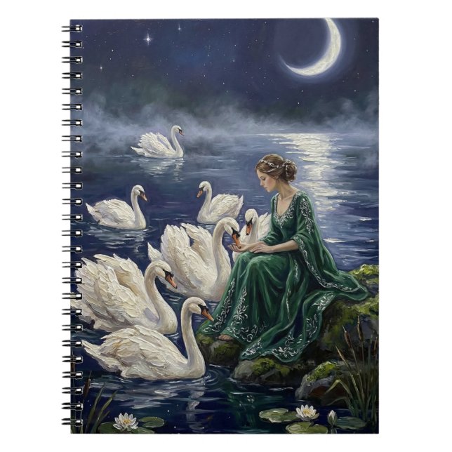 Celtic Swans Moonlit Lake Night Fantasy Art Notebook (Front)