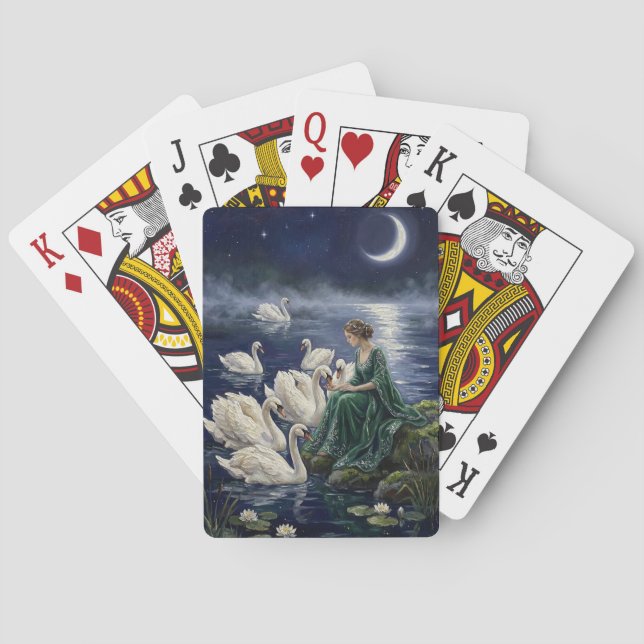 Celtic Swans Moonlit Lake Night Fantasy Art Playing Cards (Back)