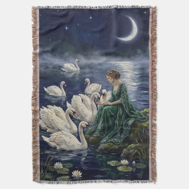 Celtic Swans Moonlit Lake Night Fantasy Art Throw Blanket (Front Vertical)