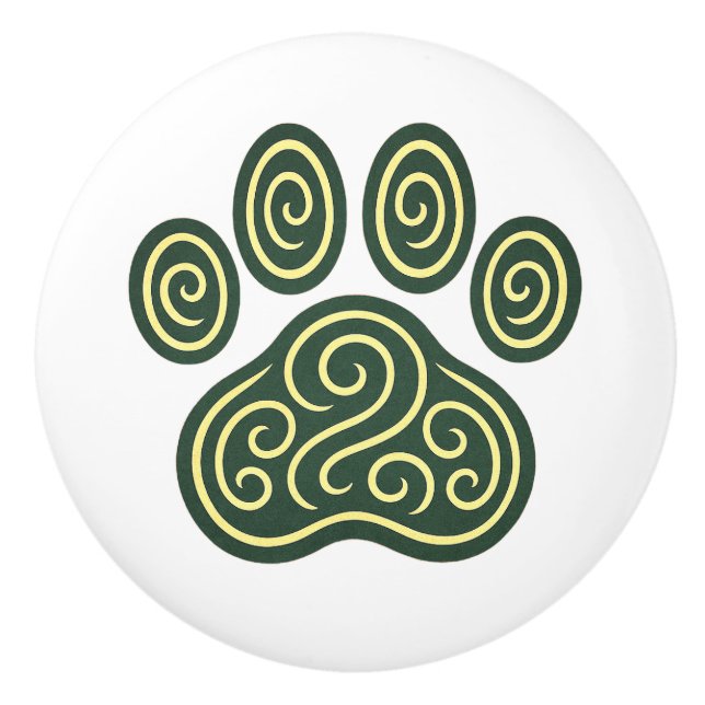 Celtic Swirl Pawprint Pine & Cream Ceramic Knob (Front)