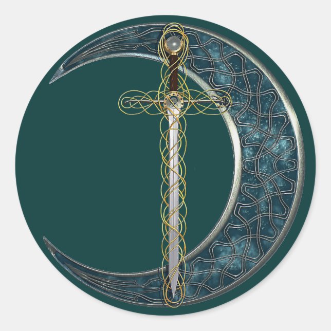 Celtic Sword and Moon Classic Round Sticker (Front)