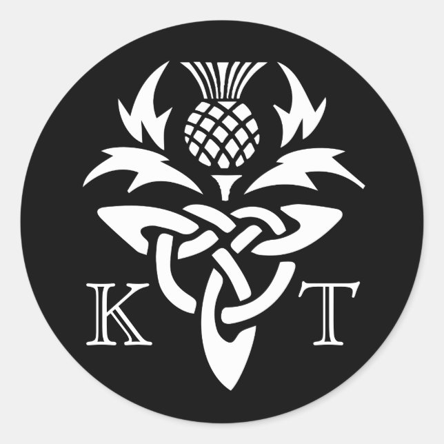 Celtic Thistle Initials - Black & White Classic Round Sticker (Front)
