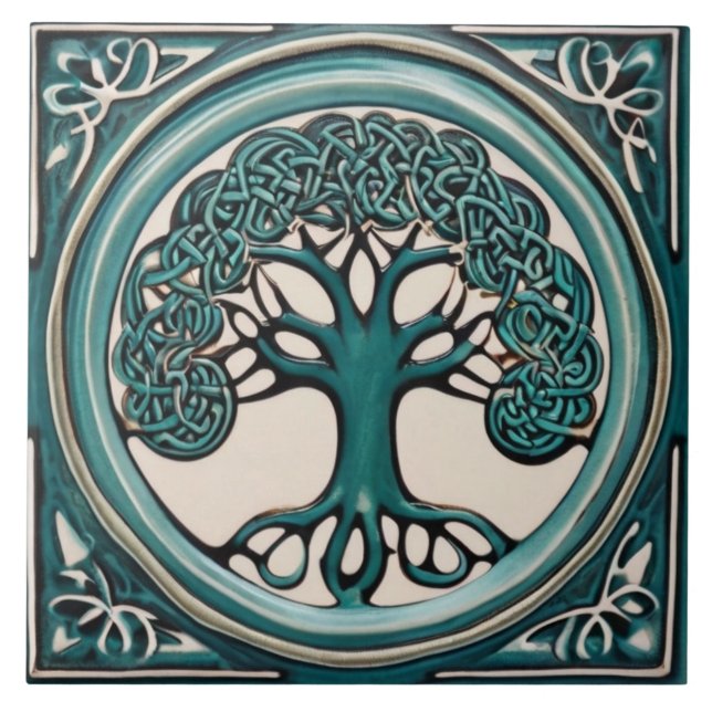 Celtic Tree of Life Aqua Turquoise Faux Relief Tile (Front)