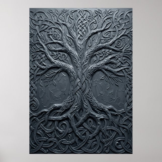 Celtic Tree of Life Carved Knotwork Dark Blue 3D A Poster (Front)