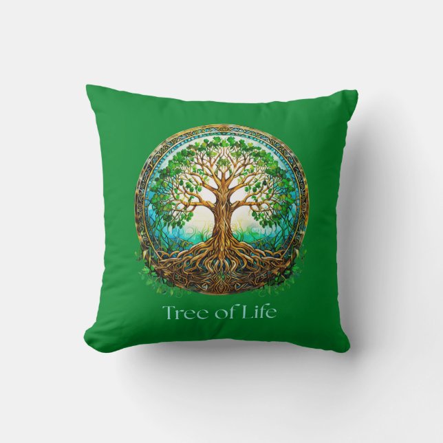 Celtic Tree of Life in Emerald Green Cushion (Front)