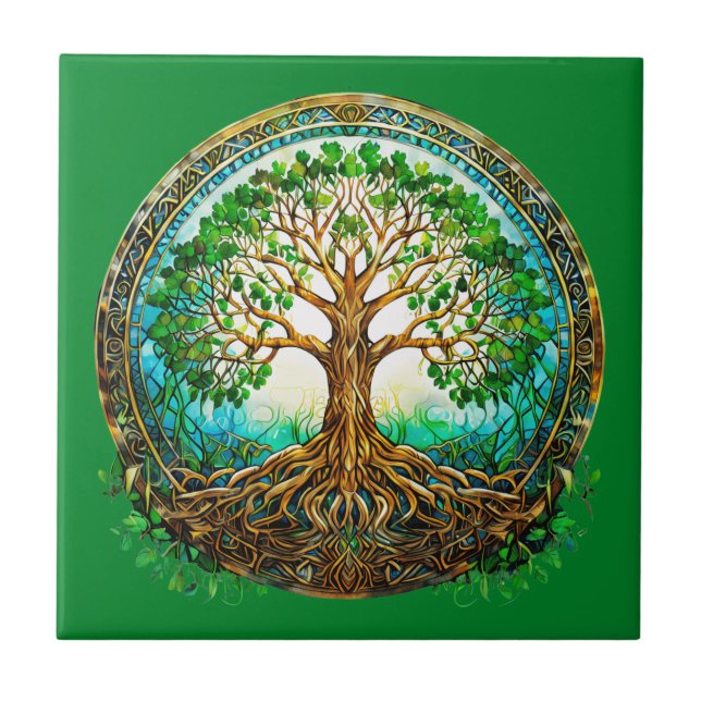 Celtic Tree of Life in Emerald Green Tile (Front)