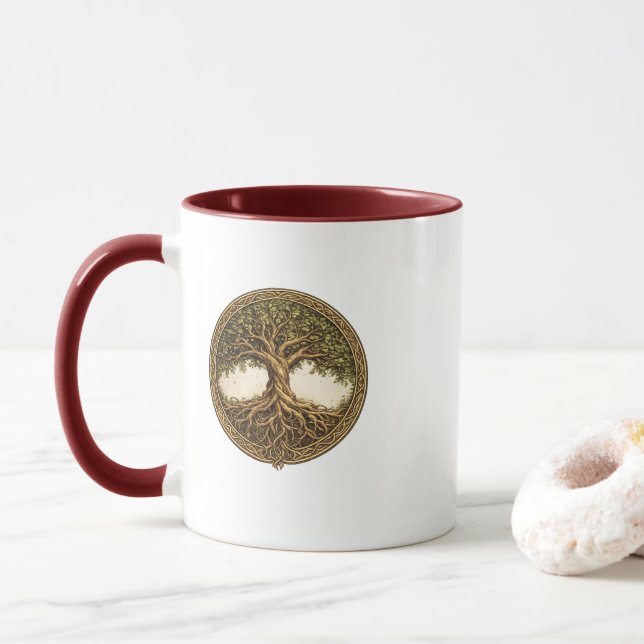​Celtic Tree of Life Two-Tone Maroon Coffee Mug (With Donut)
