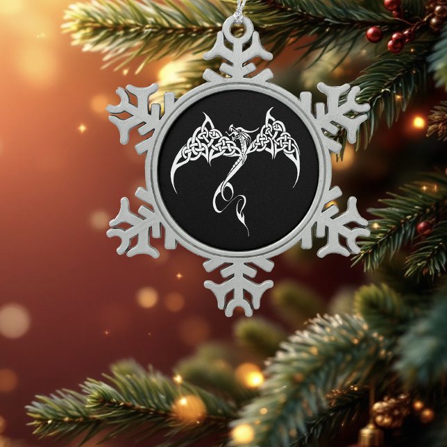 Celtic Tribal Dragon Black White Snowflake Pewter Christmas Ornament (Creator Uploaded)