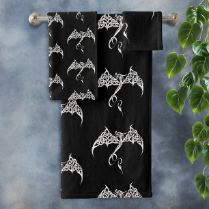 Celtic Tribal Dragon Knotwork Black White Fantasy Bath Towel Set