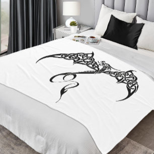 Celtic Tribal Dragon Knotwork Black White Fantasy Fleece Blanket