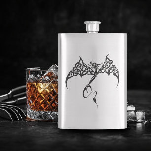 Celtic Tribal Dragon Knotwork Black White Fantasy Hip Flask