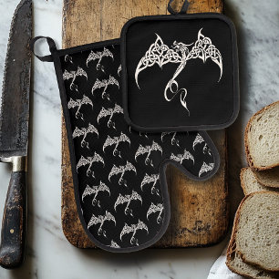 Celtic Tribal Dragon Knotwork Black White Fantasy Oven Mitt & Pot Holder Set