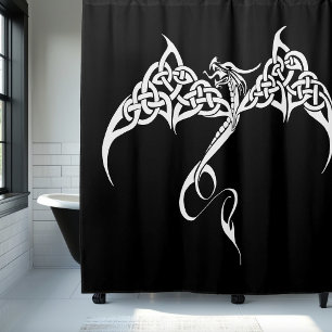 Celtic Tribal Dragon Knotwork Black White Fantasy Shower Curtain