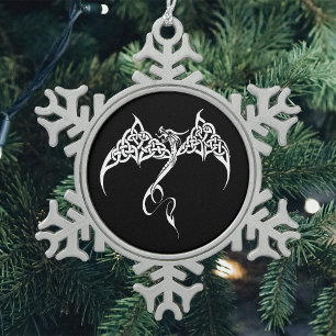 Celtic Tribal Dragon Knotwork Black White Fantasy Snowflake Pewter Christmas Ornament