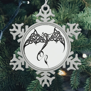 Celtic Tribal Dragon Knotwork Black White Fantasy Snowflake Pewter Christmas Ornament