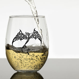 Celtic Tribal Dragon Knotwork Black White Fantasy Stemless Wine Glass