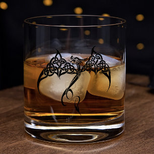 Celtic Tribal Dragon Knotwork Black White Fantasy Whiskey Glass
