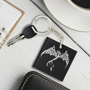 Celtic Tribal Dragon Knotwork Black White QR code Key Ring
