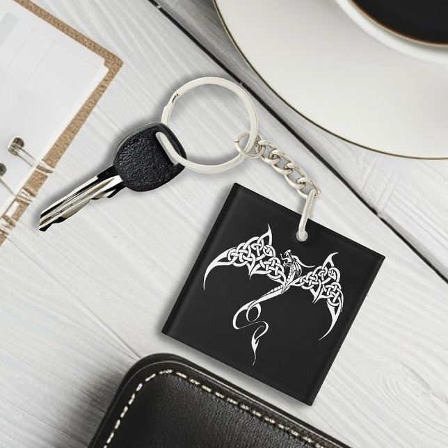 Celtic Tribal Dragon Knotwork Black White QR code Key Ring (Creator Uploaded)