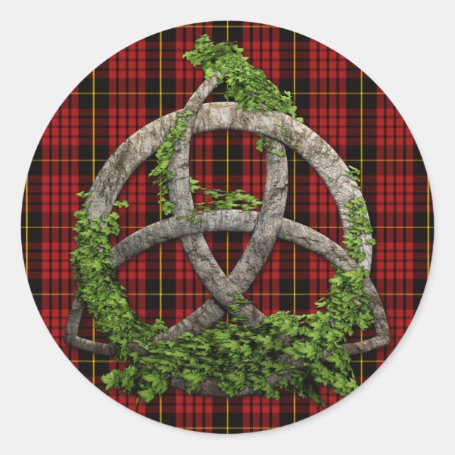 Celtic Trinity Knot And Clan MacQueen Tartan Classic Round Sticker (Front)
