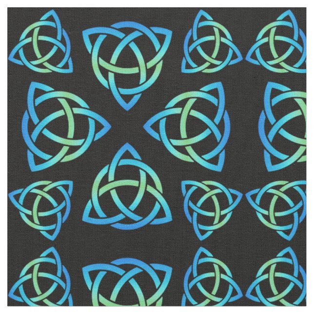 Celtic Triquetra Pattern Blues and Green on Black Fabric (Close Up)