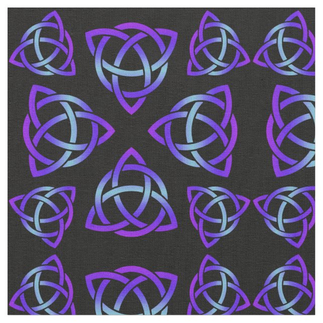 Celtic Triquetra Pattern Blues and Purple on Black Fabric (Close Up)