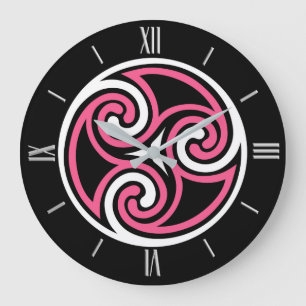 Celtic Triskele Ornament, Fuchsia, Black and White Large Clock