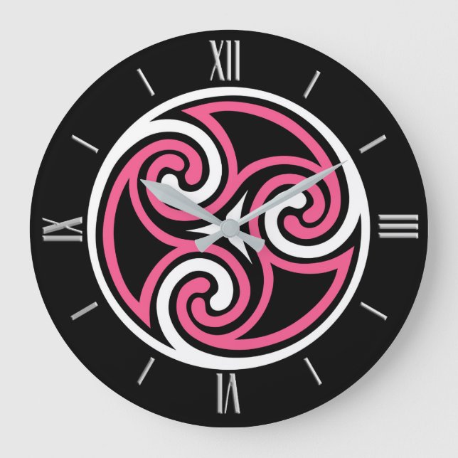 Celtic Triskele Ornament, Fuchsia, Black and White Large Clock (Front)