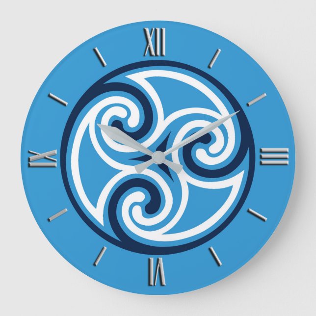 Celtic Triskele Ornament, Sky Blue and White Large Clock (Front)
