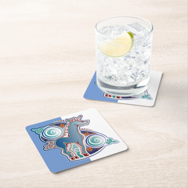 Celtic unicorn square paper coaster (Insitu)